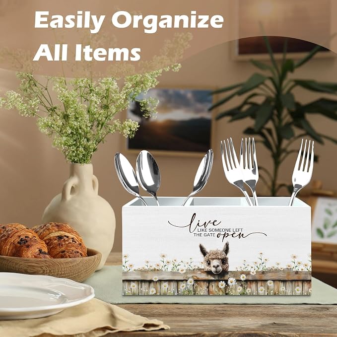 DILSJ Alpaca Inspirational Pen Pencil Holder Organizer for Desk, Alpaca Gifts for Women, Live Like Someone Left the Gate Open Wooden Box Signs for Home Office Desk Tabletop Decoration