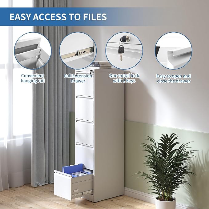 5 Drawer File Cabinet with Lock, Metal Vertical Filing Cabinets for Home Office, Steel Storage Cabinet for Hanging Legal/Letter Size Files, Assembly Required (White)