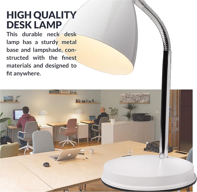 Newhouse Lighting Oxford White Metal Flexible Classic Goose Neck Design Desk or Table Lamp for Office or Bedroom Use