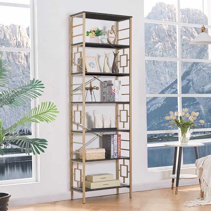 HOMISSUE Bookcase,7-Tier Tall Bookshelf Metal Bookcase and Bookshelves, Free Standing Storage Modern Bookshelf for Home Office Living Room and Bedroom, Black & Gold