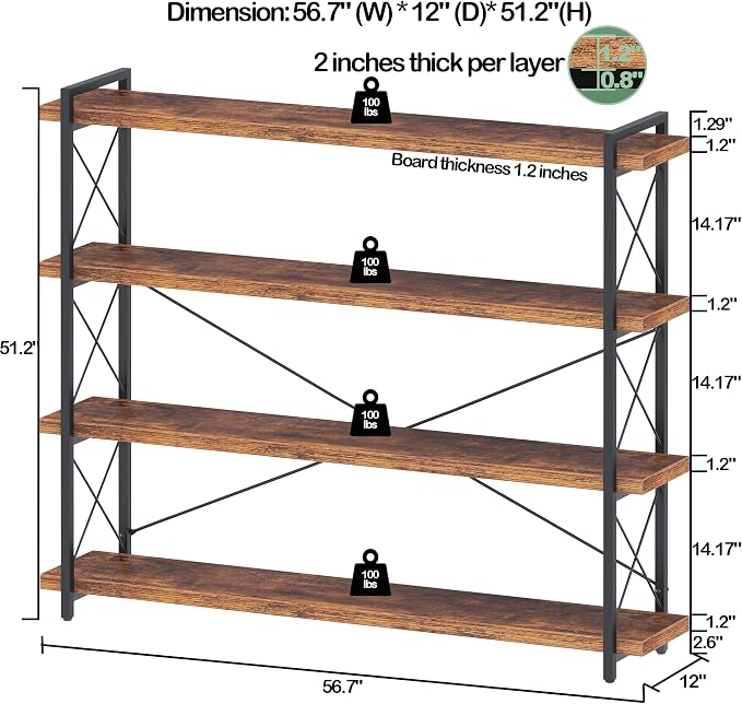 HCHQHS Large Bookshelf, 4-Tier Long Industrial Bookcase, Rustic Brown Book Shelf, Freestanding Horizontal Bookshelves with Metal Frame
