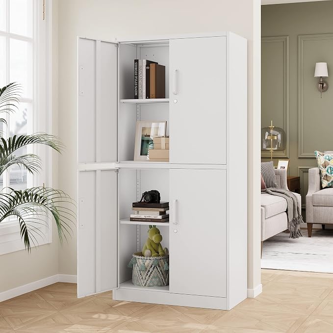 STANI Metal Storage Cabinet, Locking Steel Cabinet With 4 Doors and 2 Adjustable Shelves, 71" Lockable File Cabinet for Home Office, Garage, School (White)