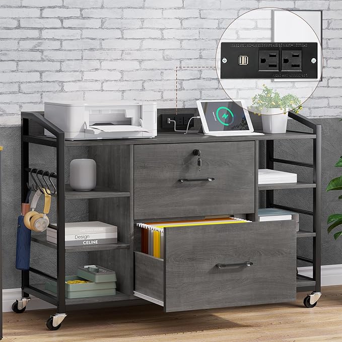 SEDETA 44" File Cabinet, Filing Cabinet fits Legal/Letter Size, 2 Drawer File Cabinets for Home Office with Lock, Power Strip, 6 Storage Shelves, Grey