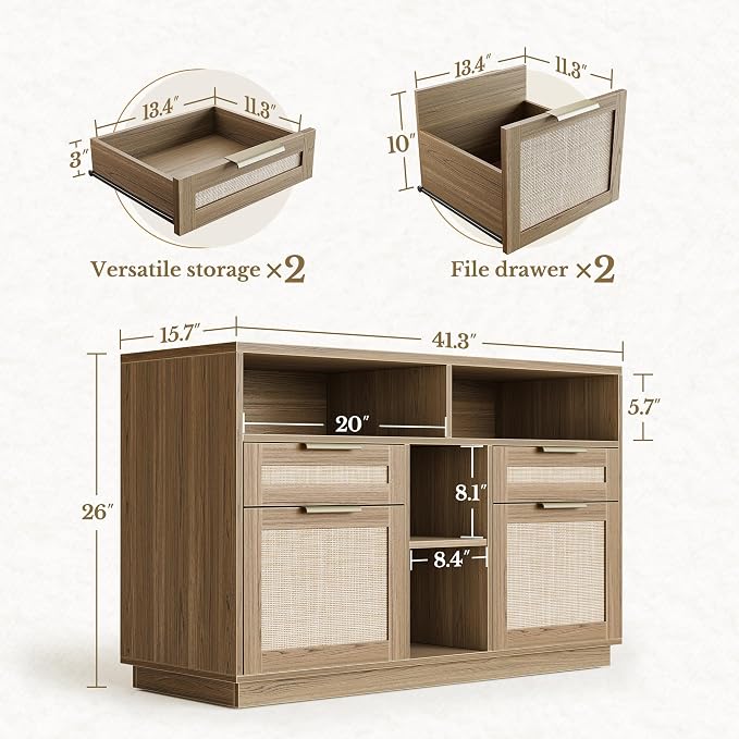 4 Drawer File Cabinet, Fluted Wood Lateral Filing Cabinet with Lock and Charging Station for Home Office, Printer Stand with Open Storage Shelves, Fits A4, Letter Size, Natural Oak