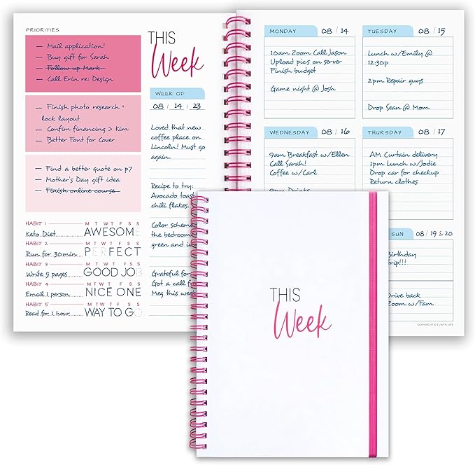 Weekly Planner Spiral Bound Notebook A5 - Undated Planner - To Do List Notebook - Habit Tracker - 52 Weeks - Daily Planner Undated for Home Work Office Business - Goal Planner - Cute Planner - Pink