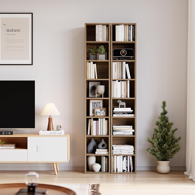 Bamjoy 71 Inches Tall Narrow Bookshelf, 8-Tier Slim CD DVD Media Shelf, Corner Bookcase with Adjustable Shelves, Cube Skinny Bookshelf for Home Office Small Space, Light Walnut