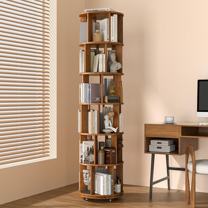 6 Tier Solid Wood Rotating Bookshelf on Wheels, 360° Spinning Book Shelf Tower, Round Revolving Bookcase Organizer, Rolling Bookshelves for Small Spaces, Corner, Bedroom, Kids Room, Office — Walnut