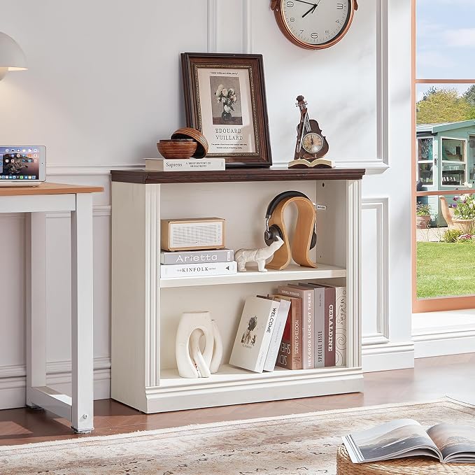 RWYHG 30" White Bookshelf Set of 3,2-Tier Thick Wood Book Shelf with Adjustable Shelve,Free Standing Farmhouse Bookcase with Open Display Storage,Floor Vintage Bookshelves for Living Room,Office