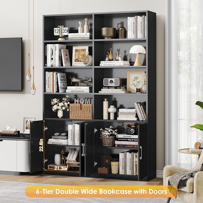 FACBOTALL Bookshelf and Bookcase with Doors, 6 Tier Double Wide Large Bookshelves, Open Display Shelves, 73'' Tall Bookshelf with Storage Cabinets for Home Office, Living Room, Library, Black