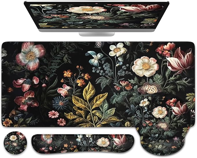 iCasso Desk Cover Mat, 4in1 Floral Large Mouse Pad with Wrist Rest, Desk Matt for Desktop, Anti-Slip XXL Big Computer Ergonomic Mousepad with Wrist Support for Keyboard and Mouse (Elegant Flowers)
