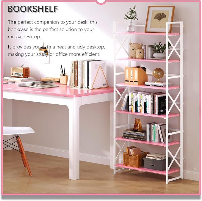 4NM 6 Tiers No Assembly Book Shelves, 61.8" H Folding Bookshelf Bookcase Open Industrial Foldable Shelves for Bedroom, Living Room, Home Office - Pink White