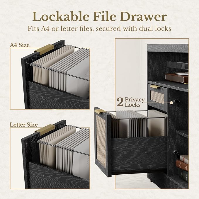 4 Drawer File Cabinet, Fluted Wood Lateral Filing Cabinet with Lock and Charging Station for Home Office, Printer Stand with Open Storage Shelves, Fits A4, Letter Size, Black