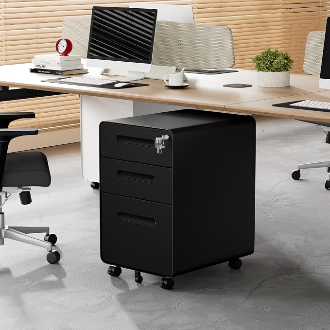 3 Drawer File Cabinet with Lock and 4 Keys, Mobile Metal Filing Cabinet, File Cabinets for Home Office, Under Desk, Pre-Assembly, File Drawer, Letter/Legal/A4 Hanging File Folders