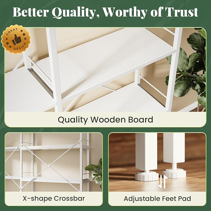 Huuger 5 Tier Bookshelf, L Shaped Corner Bookshelf with 10 Open Shelves, 49.4 Inch Straight Wide Bookcase with Metal Frame and Wooden Board, Adjustable Feet, White