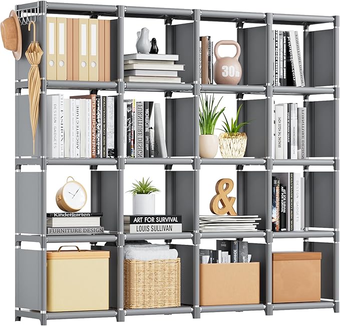 Mavivegue Book Shelf, 16 Cube Storage Organizer, DIY Bookcase, Metal Cube Bookshelf,Tall Book case for Bedroom, Living Room,Office,Closet Storage Organizer, Grey Cubicle Storage Rack