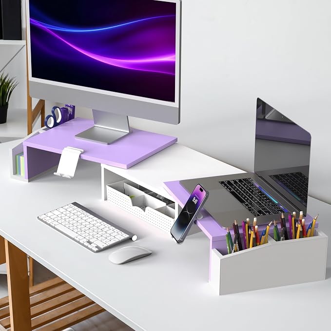 Simple Houseware Desk Dual Monitor Stand Riser with Drawer, Purple