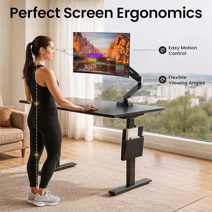 EVEO Premium Single Monitor Arm 14"–34", Adjustable Gas Spring Monitor Mount, Single Arm Desk Mount for 34 Inch Computer Screens, VESA Compatible Stand with Clamp and Grommet Base – Black