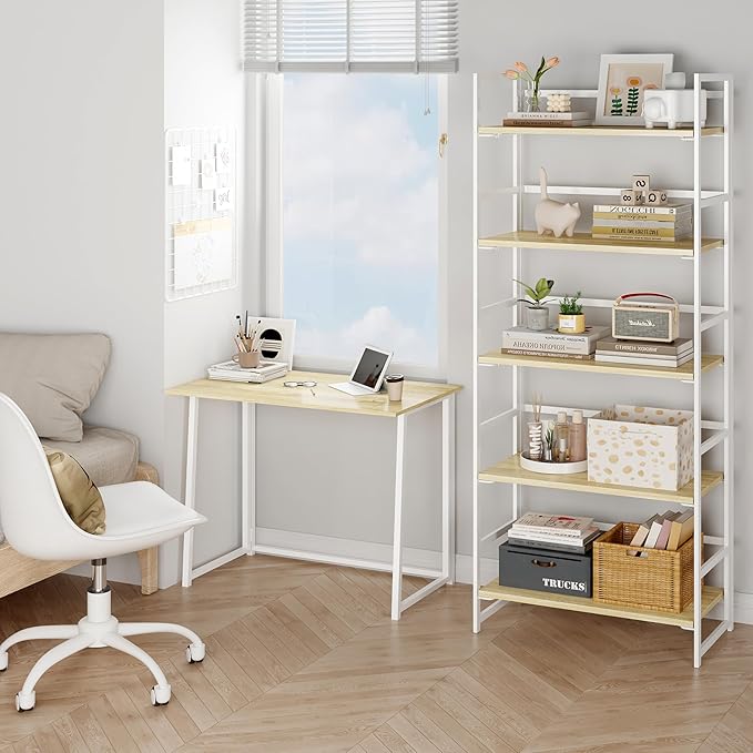 BHG Vintage Multifunctional Folding Bookshelf, No-Assembly Plant Stand Storage Rack Shelves for Home Office (White, 5-Tier)