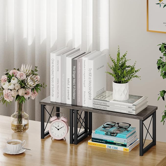 Honiter Desk Shelf for Top of Desk, Wood Desktop Shelf, 2 Tier Adjustable Bookshelf Organizer, Freestanding Stackable Desk Stand Storage Organizers Kitchen Counter Display Rack