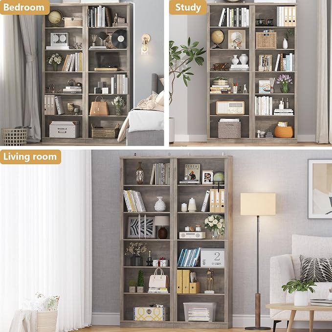 Thacuok Grey Bookshelf, 75" Tall Bookcase, 6 Tier Adjustable Storage Shelves, Book Shelf with Anti-Tipping Device, Floor Standing Modern Display Rack for Living Room, Bedroom, Office