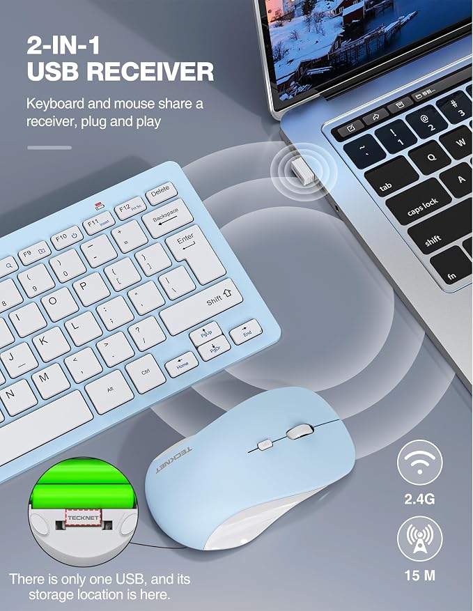 TECKNET Wireless Keyboard and Mouse Combo, Mini Cordless Computer Keyboard and Mouse Set 2.4GHz, Silent Adjustable 1600 DPI, Quiet Click, Lag-Free for Computer, Laptop, PC, Windows, Mac, Chrome OS