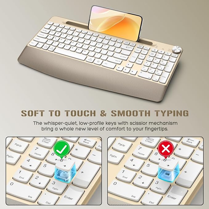 JOYACCESS Ergonomic Wireless Keyboard and Mouse Combo, Full-Sized Keyboard with Wrist Rest and Tablet Holder, Volume Roller for Computer PC Laptop-Gold&White