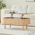 Fully Assembled Fluted Lift Top Coffee Table with Hidden Compartment, Wooden Center Table, Modern Oval Lift Tabletop for Home Living Room Office, Natural