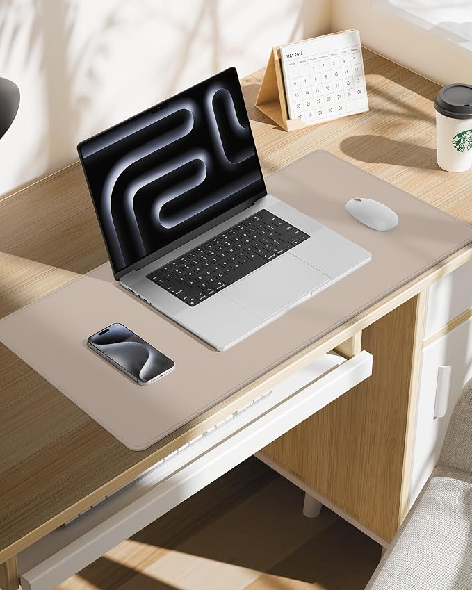 Leather Desk Pad Protector, Mouse Pad, Office Desk Mat, Non-Slip PU Leather Desk Blotter, Laptop Desk Pad, Waterproof Desk Writing Pad for Office and Home (Beige, 31.5" x 15.7")