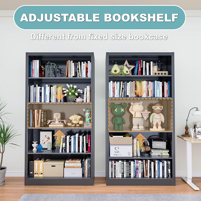 OSEILLC 5 Tier Bookcase, 55" Tall Heavy Duty Metal Bookshelf, Free Standing Bookcase with Back Panel & 4 Adjustable Storage Shelves, Open Display Shelf for Bedroom Living Room Home Office (Black)