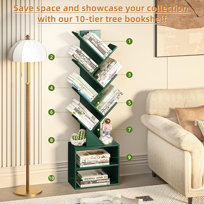 SHEEPAM 10 Tier Tree Bookshelf,Christmas Green Bookcase for Narrow Space, Storage Organizer Floor Standing Bookshelves for Books, Tall Book Case for Home Office, Living Room, Bedroom