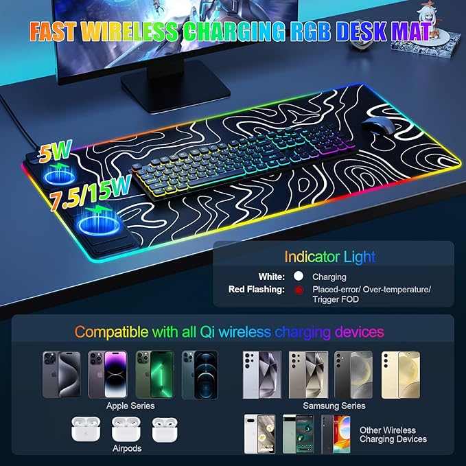 Mouse Pad with Phone Holder, Wireless Charging Desk Mat, RGB Gaming Mousepad Home Office Large Desk Pad with Ultra-Smooth Surface, Non-Slip Base, Waterproof Keyboard Pad,Topographic Black