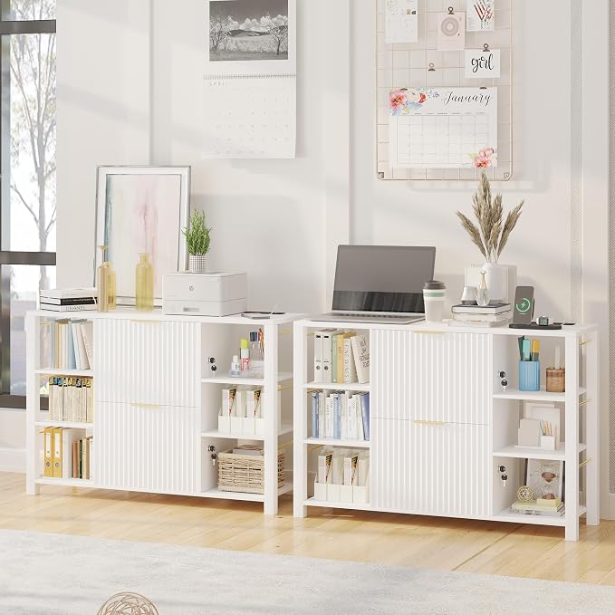File Cabinet for Home Office, Fluted Filing Cabinet with 2 Drawers Fit Letter/Legal/A4 Folders with Tabs, Printer Stand with Lock & 2 Power Outlets, 6 Shelves (Set of 2, White)