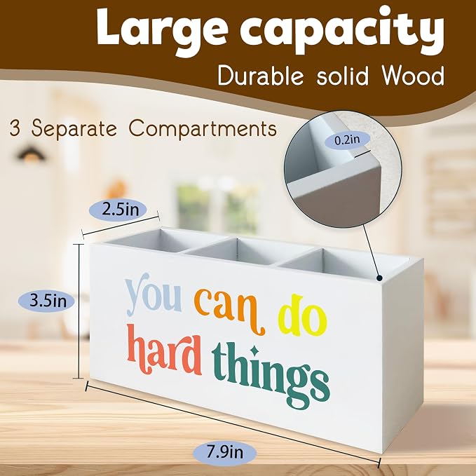 You Can Do Hard Things Desk Pen Holder, Inspirational Decor for Nursery School Psychologist Mental Health Therapy Office Desk, Positive Wooden Pencil Holder Organizer for Office