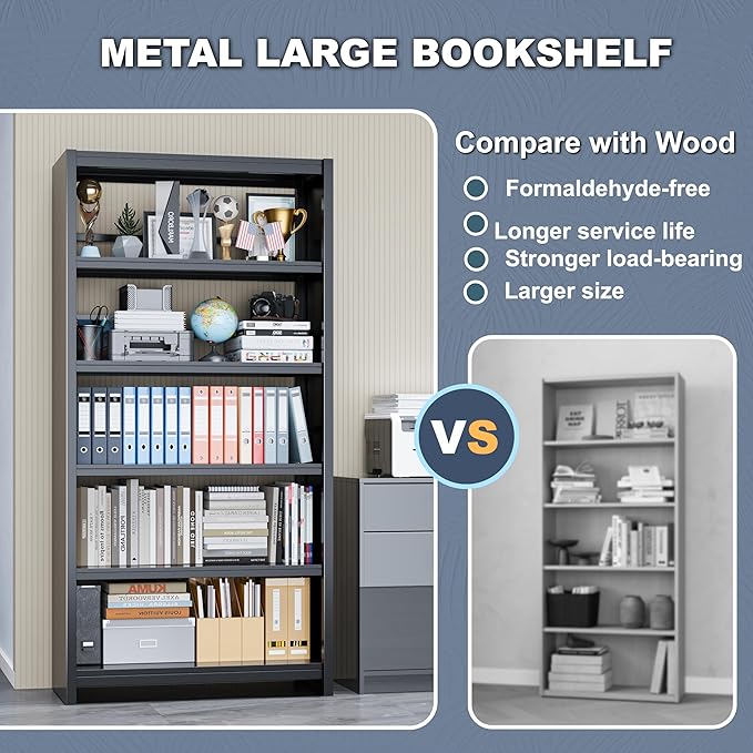 5 Tier Metal Bookshelf, Black 69" Tall Bookcase, Large Heavy Duty Book Shelves, Industrial Wide Book Shelves, Display Storage Shelves for Library Bedroom Living Room Office