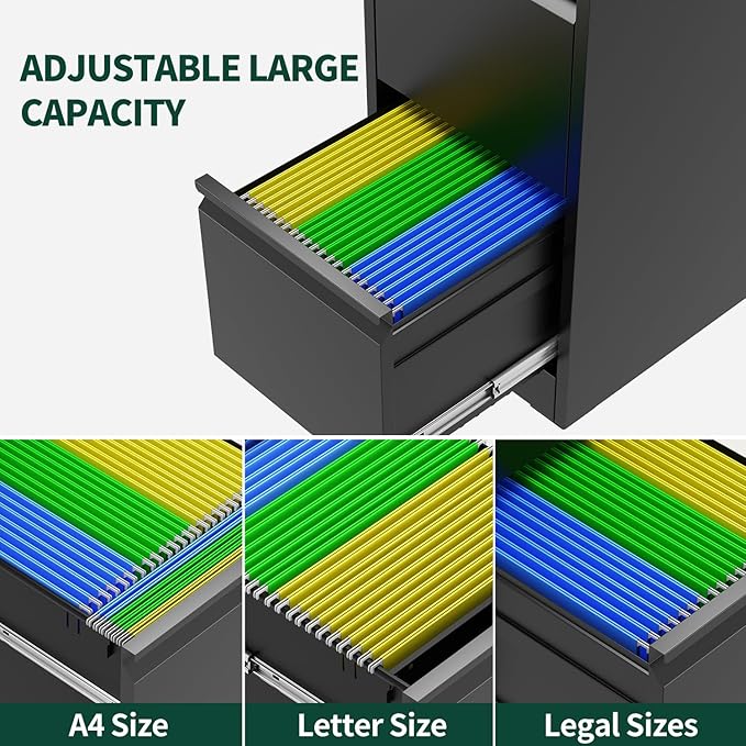 3 Drawer File Cabinet with Lock, Vertical File Cabinet with Lock, Locking File Cabinet Hanging Files for A4/ Legal/Letter, Require Assembly, Black