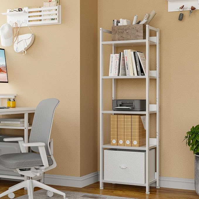 Furologee 5 Tier Bookshelf with Drawer, Tall Narrow Bookcase with Shelves, Wood and Metal Book Shelf Storage Organizer, Modern Display Standing Shelf Unit for Bedroom, Living Room, Office, White