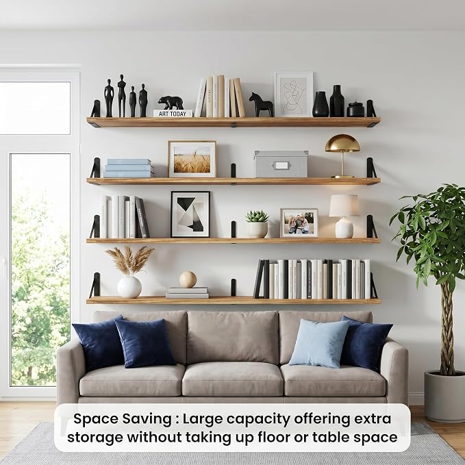 Long Wall Shelf,Large Floating Shelves for Wall,Wood Floating Bookshelves Hanging,Book Storage Display for Living Room Bedroom Office Bathroom Decor,4 Pack,57 Inch,Carbonized Black