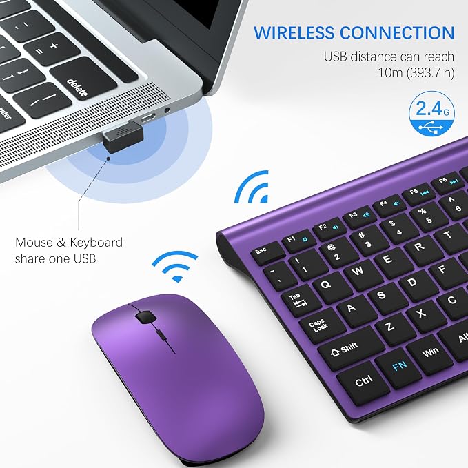 Wireless Keyboard and Mouse Ultra Slim Combo, TopMate 2.4G Silent Compact USB 2400DPI Mouse and Scissor Switch Keyboard Set with Cover, Batteries Included, for PC/Laptop/Windows/Mac - Purple Black