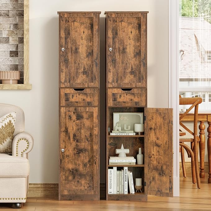 Iwell 67" Tall Storage Cabinet, Bathroom Cabinet with Drawer & Adjustable Shelves, Narrow Storage Cabinet, Floor Cabinet for Living Room, Home Office, Rustic Brown