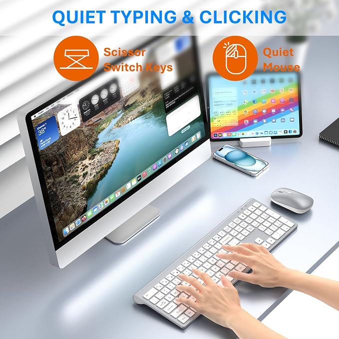 Wireless Keyboard and Mouse Combo, Full Size Keyboard and Mouse, Long Battery Life, Optical Mouse, 2.4G Lag-Free Cordless Mice Keyboard Set Ultra Slim Design for Computer, Laptop, PC, Mac (Silver)