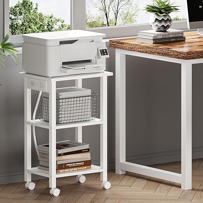 TUTOTAK 3 Tier Printer Stand, Rolling Printer Cart with Power Outlets and USB Ports, Mobile Printer Table with Wheels, for Under Desk, Office, Home, White PS02BW001