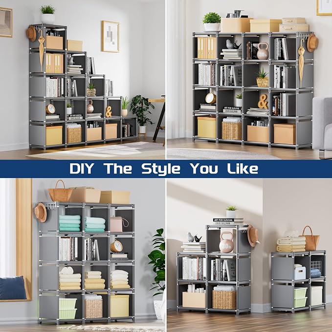 Mavivegue Book Shelf, 16 Cube Storage Organizer, DIY Bookcase, Metal Cube Bookshelf,Tall Book case for Bedroom, Living Room,Office,Closet Storage Organizer, Grey Cubicle Storage Rack
