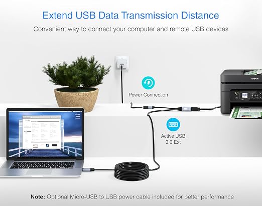 BlueRigger Active USB 3.0 Extension Cable 50FT (5 Gbps USB Extender Cord, in-Wall CL3 Rated) - Long USB Extension Cable for Webcam, VR Headset, Printer, Hard Drive, Keyboard, Mouse