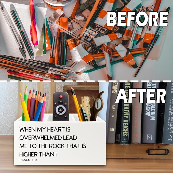 Christian Pen Pencil Holder Organizer for Desk, Christian Gifts for Women Men, Religious Psalm 61:2 Bible Verse Scripture Wooden Box Sign for Home Office Desk Tabletop Decorations