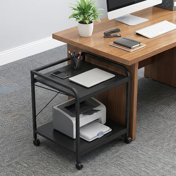 2 Tier Large Printer Stand, 20 Inches Deep Under Desk Printer Table with Height Adjustable Shelf, Rolling Printer Cart with Wheels for Home Office Storage - Black