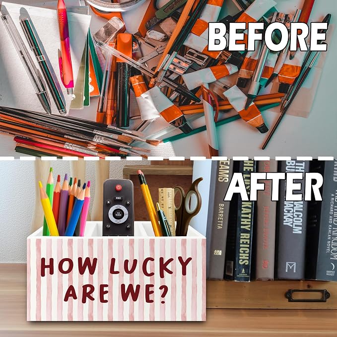 Pink Inspirational Pen Pencil Holder Organizer for Desk, Thank You Gifts for Women, Pink Striped How Lucky Are We Motivational Wooden Box Sign for Home Office Desk Tabletop Decorations