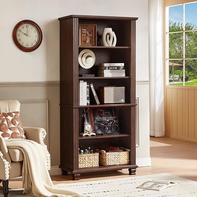 SAVOR LIFE 70" Tall Walnut Bookshelf,5 Tier Wooden Book Shelf with Adjustable Shelves & Wood Legs,Free Standing Farmhouse Bookcase with Open Display Storage,Vintage Bookshelves for Classroom, Office