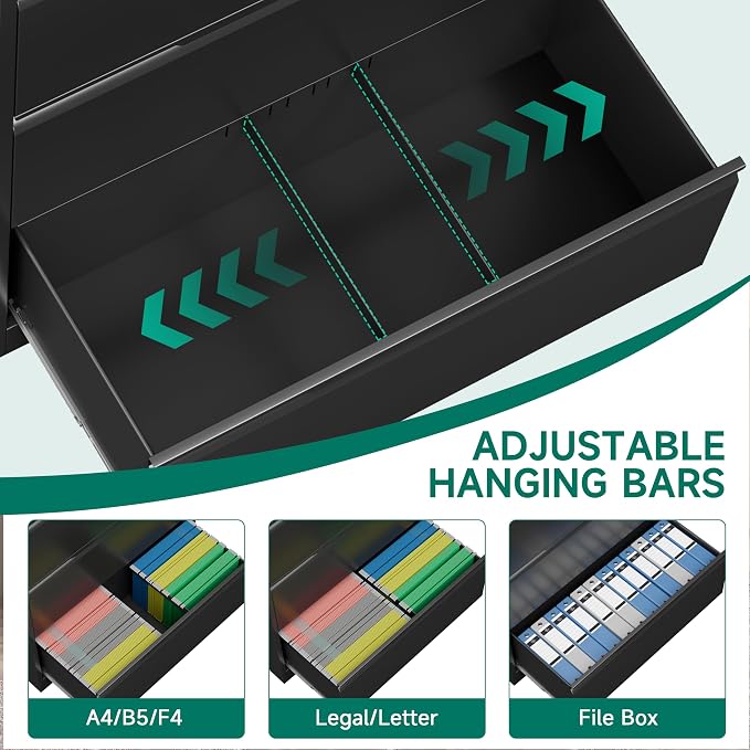 Metal Steel Filling Cabinets for Home Office - 4 Drawer Lockable Lateral File Cabinet for Hanging Files Letter/Legal/F4/A4 Size, Assembly Required - Black