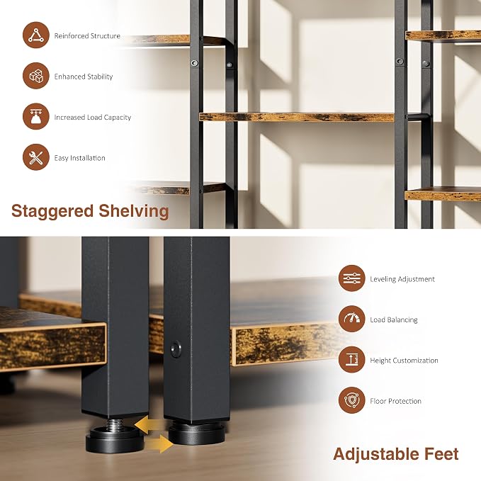 Shintenchi Triple Column 4 Tier Bookshelf, Industrial Large Bookcase Display Shelves, Large Etagere Bookshelf,Wide Book Shelf Book Case for Home & Office, Rustic Brown