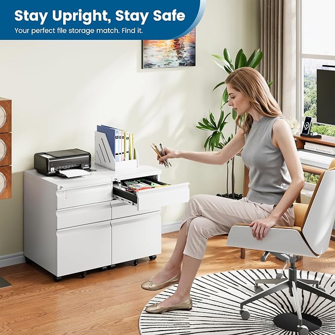 PEUKC 3 Drawers Mobile File Cabinet with Lock, Under Desk Rolling File Cabinet for Home Office, Organizes Letter Legal A4 Files, White(Pre-Assembled)
